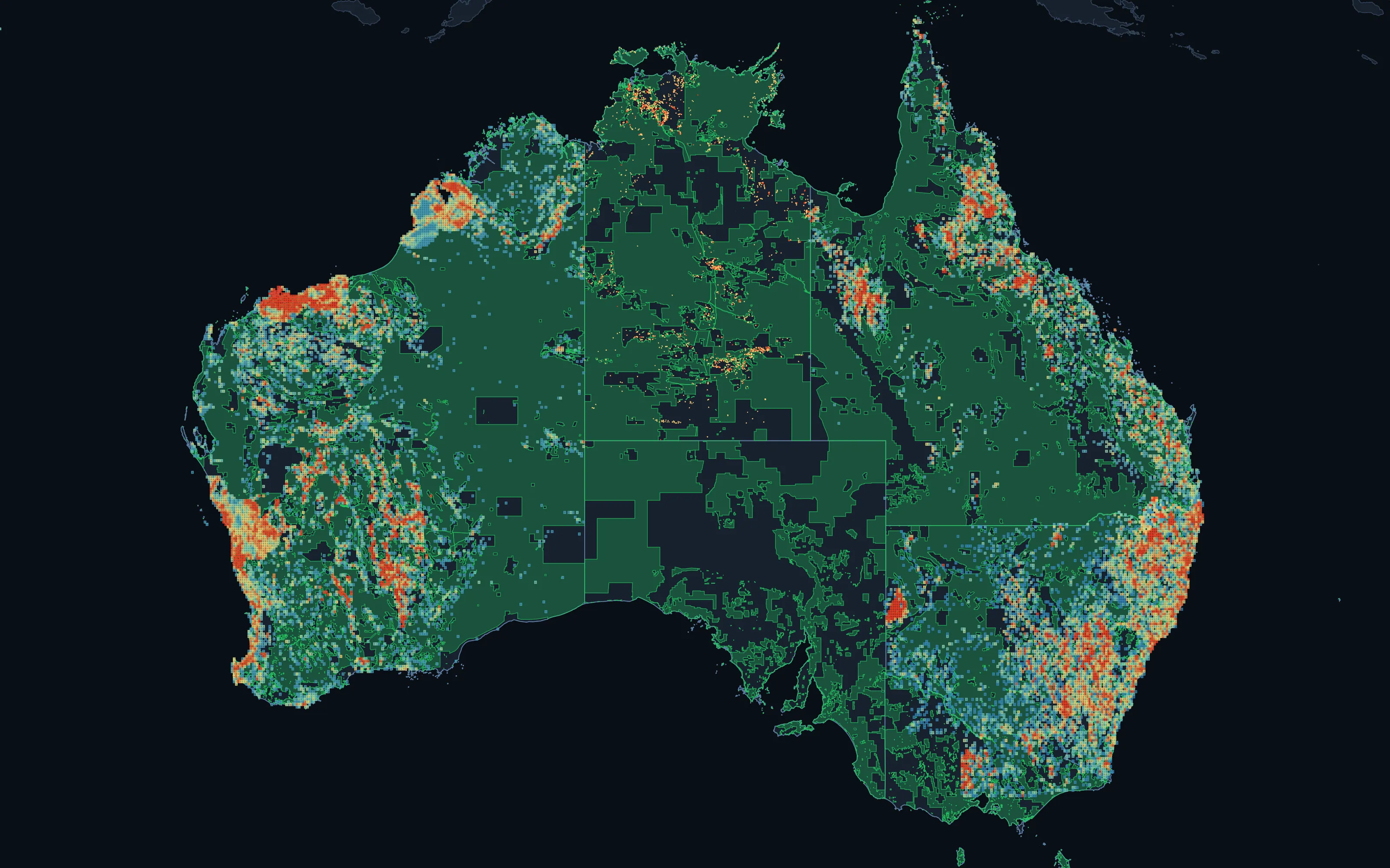 Australia: open ground in green, with open pegging blocks ranked by recorded mineral endowment from low (blue) to high (red). An endowment screen of the recorded deposit record, not modelled prospectivity.