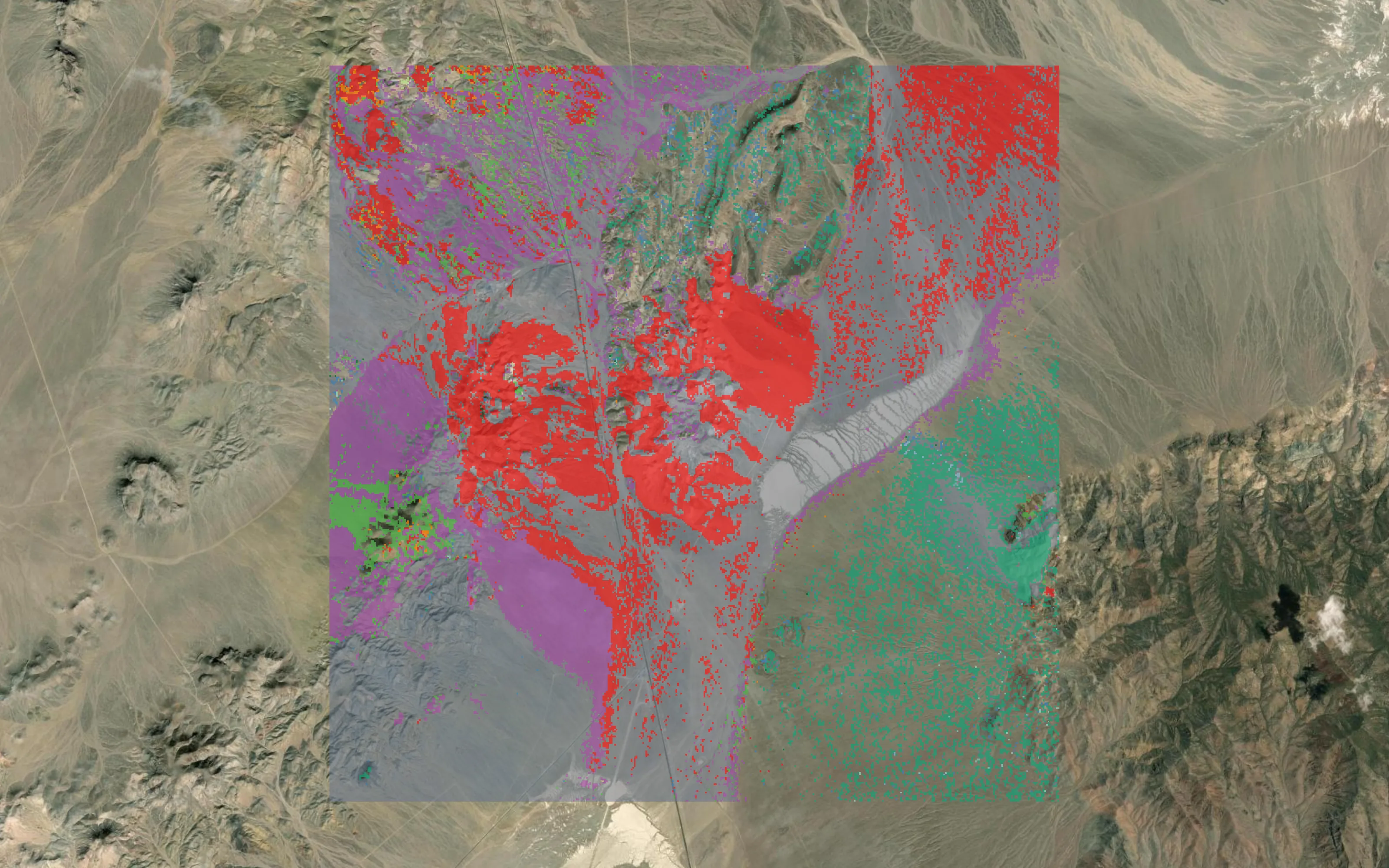 Cuprite, Nevada: alteration mineralogy from a 30 m EnMAP hyperspectral acquisition, matched against laboratory reference spectra. Cuprite is the published USGS reference site we benchmark against.